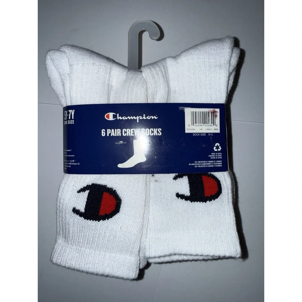 Champion Kids Crew Socks 6 Pair 5Y-7Y White Logo Youth Sports School Foot NWT
